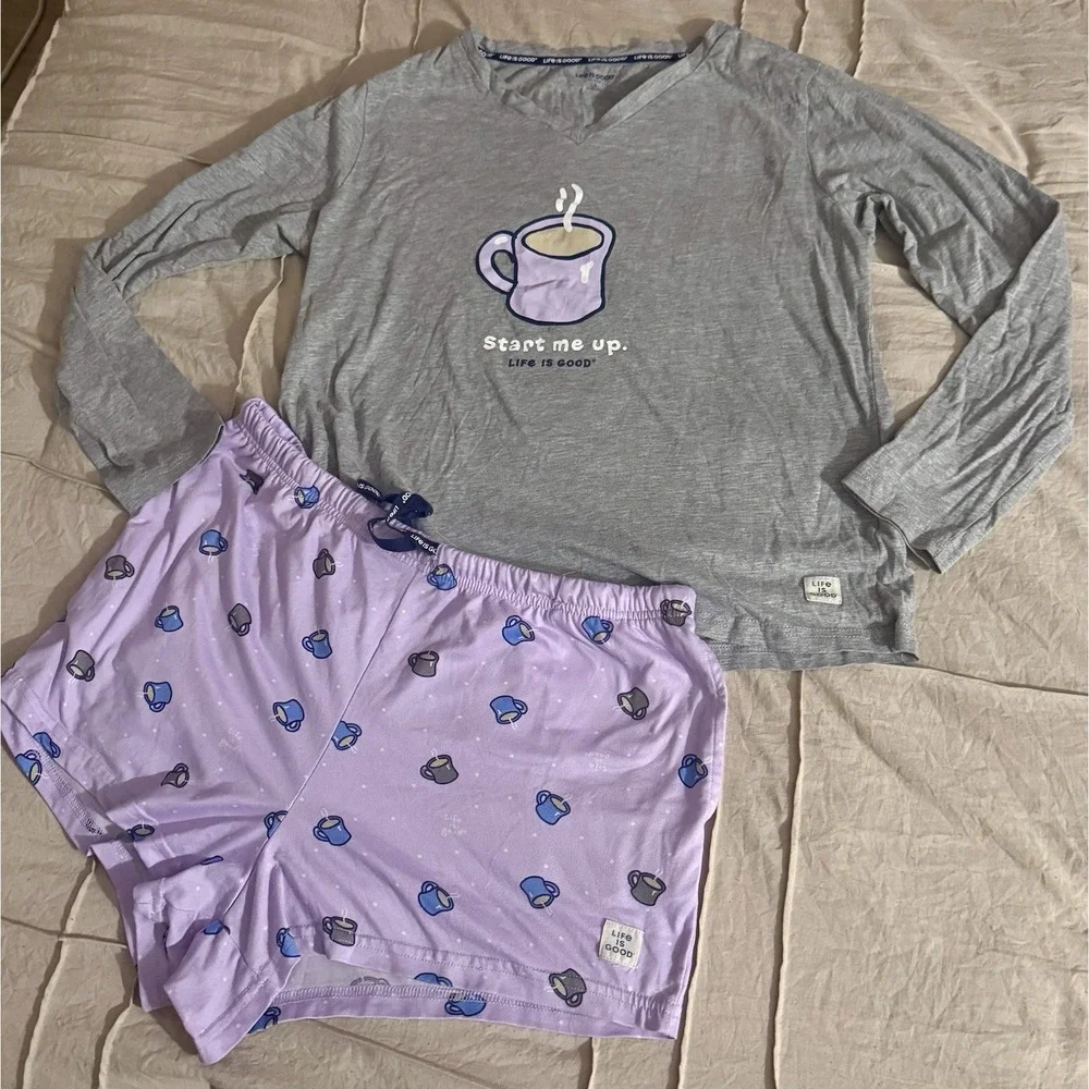 Life Is Good Sleep Pajama Set L Start Me Up Coffee Mug Long Sleeve Shorts Gray